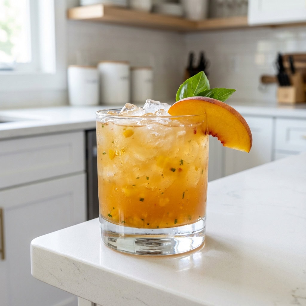 Peach Basil Whiskey Smash Cocktail Recipe