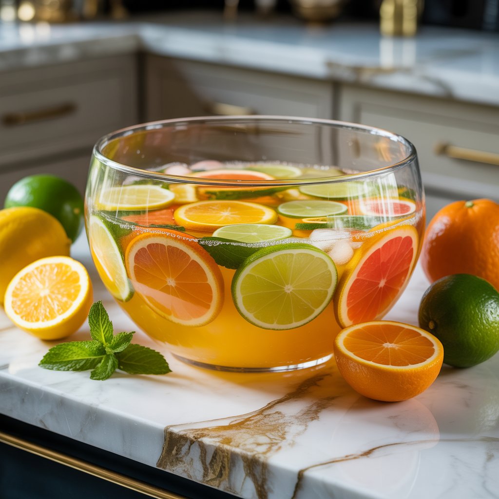 Closeup of a glass punch bowl filled with citrus vodka punch, garnished with orange, lemon, lime slices, and mint, sitting on a white marble countertop with fresh citrus fruits nearby.