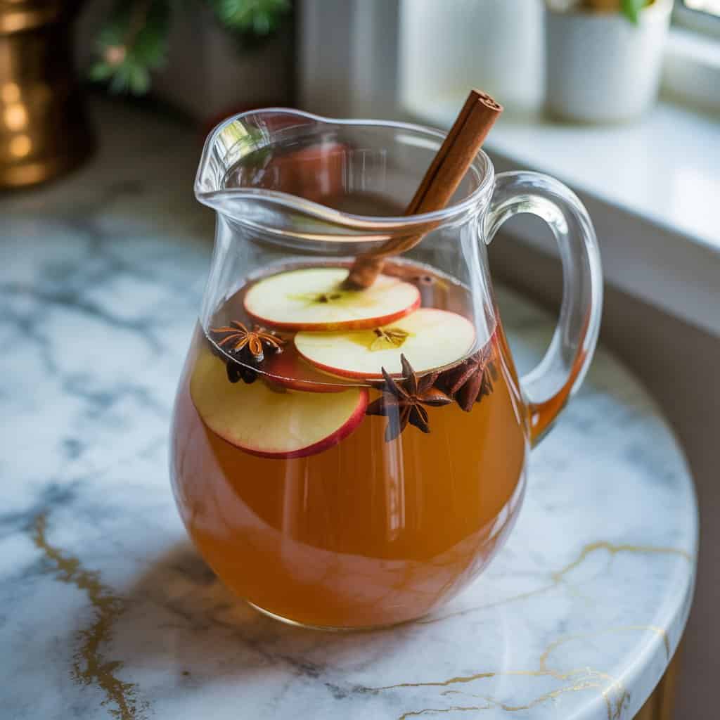 A glass pitcher of spiced apple cider punch with cinnamon sticks and apple slices on a white marble countertop.