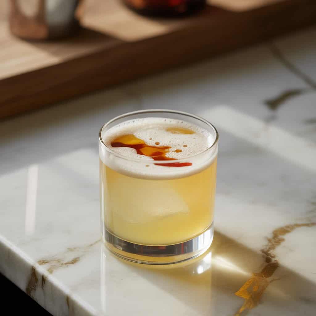 Close-up of a Pisco Sour cocktail on a white marble countertop with a blurred background.