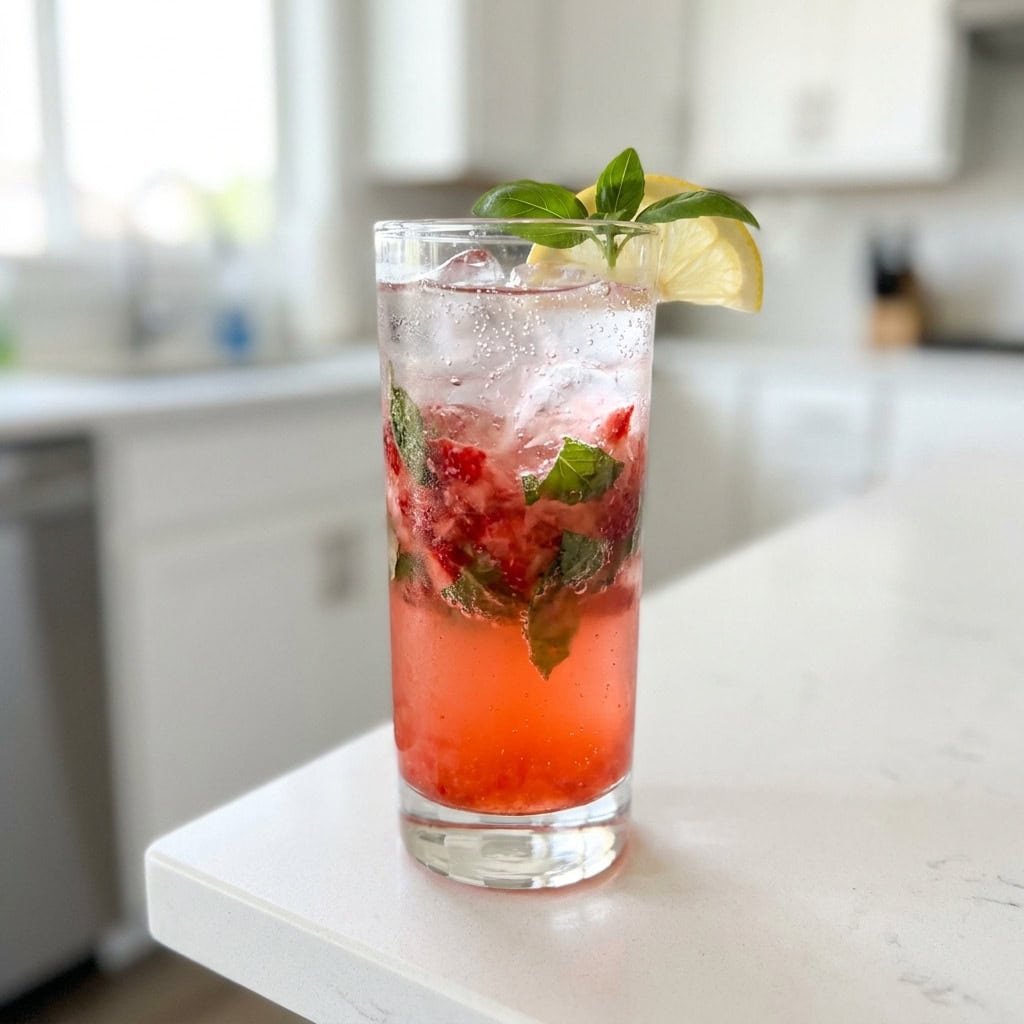 Strawberry Basil Lemon Soda Mocktail Recipe