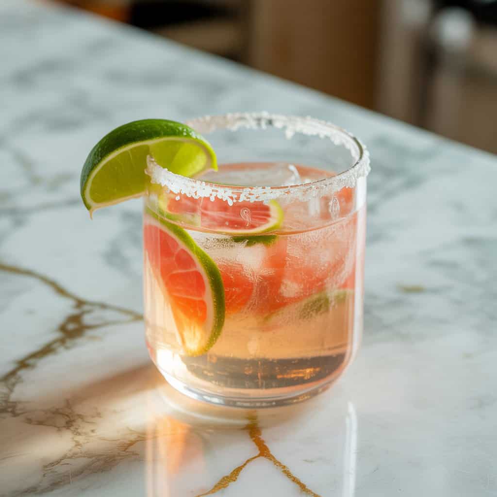Paloma with salted rim and lime wedge Cocktail Recipe