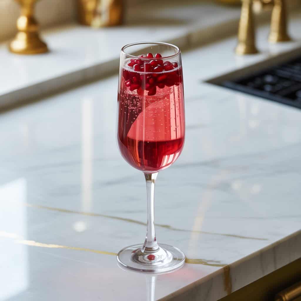 Pomegranate French 75 topped with pomegranate seeds